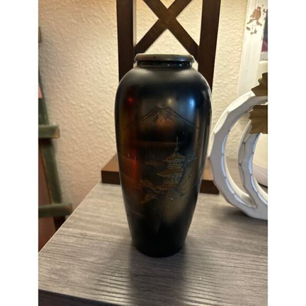 Vintage Japanese gold etched metal vase